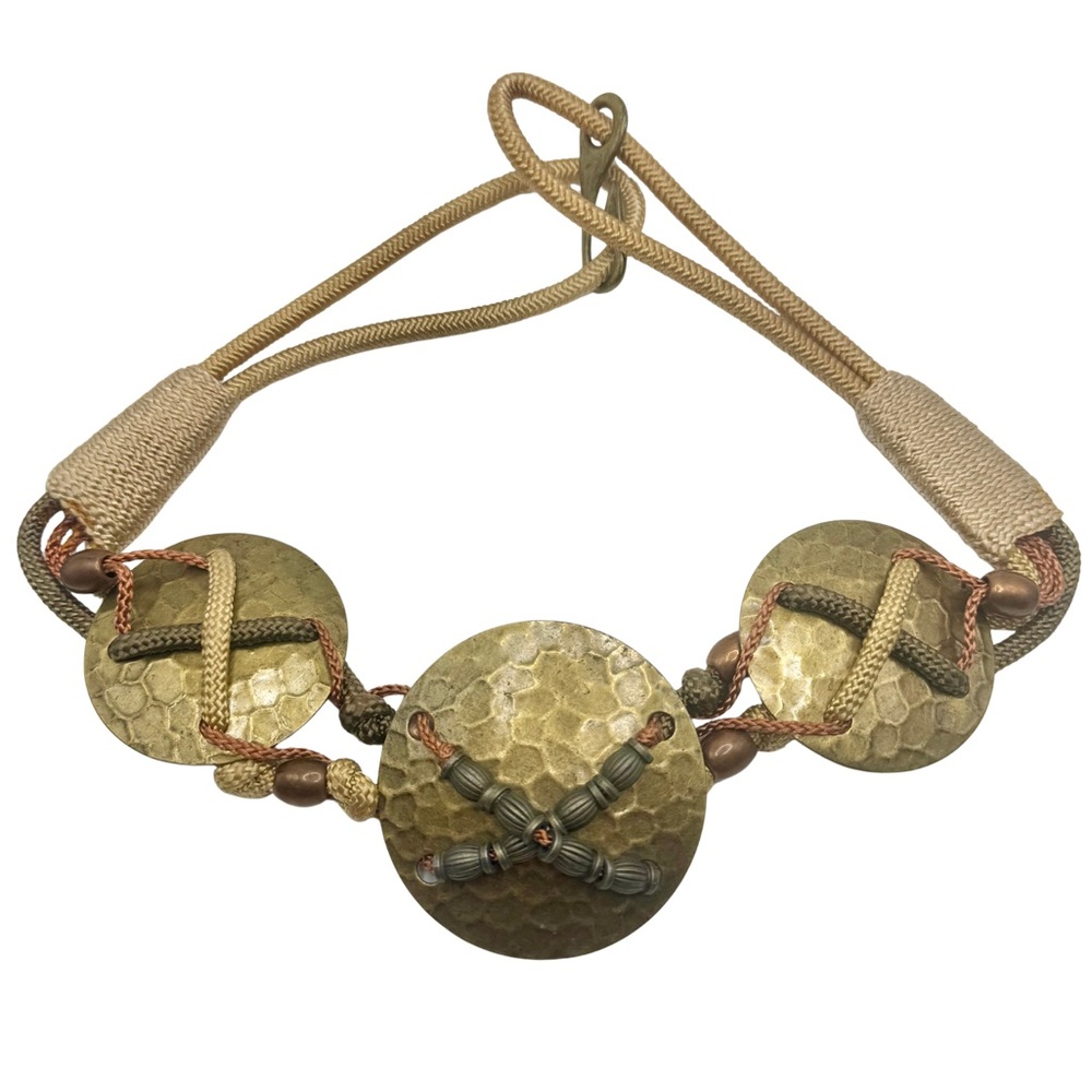 Vintage Boho Rope Belt Hammered Brass Artisan 1970s Waist Belt